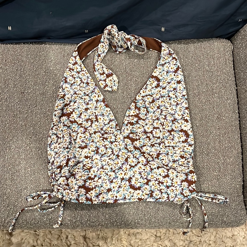 XS flowered halter top with zipper back and ties on the side